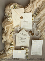 WEDDING INVITATIONS embossed invites  Fine Art Embossed Ivory Gold Wedding Invitation with  torn chiffone bow, Golden deboss Roses Floral Wedding Invitation,15