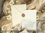 WEDDING INVITATIONS embossed invites  Fine Art Embossed Ivory Gold Wedding Invitation with  torn chiffone bow, Golden deboss Roses Floral Wedding Invitation,15