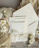 WEDDING INVITATIONS embossed invites  Fine Art Embossed Ivory Gold Wedding Invitation with  torn chiffone bow, Golden deboss Roses Floral Wedding Invitation,15