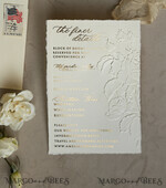 WEDDING INVITATIONS embossed invites  Fine Art Embossed Ivory Gold Wedding Invitation with  torn chiffone bow, Golden deboss Roses Floral Wedding Invitation,15