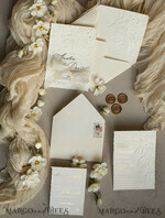 WEDDING INVITATIONS embossed invites  Fine Art Embossed Ivory Gold Wedding Invitation with  torn chiffone bow, Golden deboss Roses Floral Wedding Invitation,15