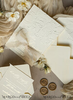 WEDDING INVITATIONS embossed invites  Fine Art Embossed Ivory Gold Wedding Invitation with  torn chiffone bow, Golden deboss Roses Floral Wedding Invitation,15