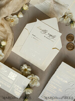WEDDING INVITATIONS embossed invites  Fine Art Embossed Ivory Gold Wedding Invitation with  torn chiffone bow, Golden deboss Roses Floral Wedding Invitation,15