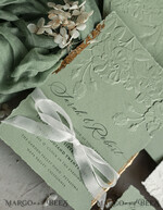 WEDDING INVITATIONS embossed invites  Bespoke Embossed Blind Sage green Gold Wedding Invitation, Golden greenery deboss Roses Floral Wedding Invitation, Boho Ecru Garden Debossed Invitation suite,  Cotton paper wedding invitation suite, Deckled Edge Invites, Torn Edge Wedding Invitations golden14