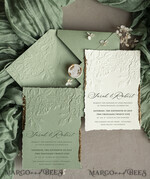WEDDING INVITATIONS embossed invites  Bespoke Embossed Blind Sage green Gold Wedding Invitation, Golden greenery deboss Roses Floral Wedding Invitation, Boho Ecru Garden Debossed Invitation suite,  Cotton paper wedding invitation suite, Deckled Edge Invites, Torn Edge Wedding Invitations golden14