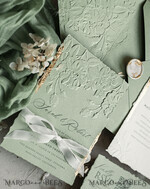 WEDDING INVITATIONS embossed invites  Bespoke Embossed Blind Sage green Gold Wedding Invitation, Golden greenery deboss Roses Floral Wedding Invitation, Boho Ecru Garden Debossed Invitation suite,  Cotton paper wedding invitation suite, Deckled Edge Invites, Torn Edge Wedding Invitations golden14
