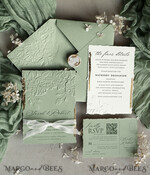 WEDDING INVITATIONS embossed invites  Bespoke Embossed Blind Sage green Gold Wedding Invitation, Golden greenery deboss Roses Floral Wedding Invitation, Boho Ecru Garden Debossed Invitation suite,  Cotton paper wedding invitation suite, Deckled Edge Invites, Torn Edge Wedding Invitations golden14