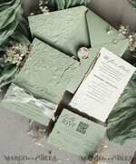 WEDDING INVITATIONS embossed invites  Bespoke Embossed Blind Sage green Gold Wedding Invitation, Golden greenery deboss Roses Floral Wedding Invitation, Boho Ecru Garden Debossed Invitation suite,  Cotton paper wedding invitation suite, Deckled Edge Invites, Torn Edge Wedding Invitations golden14