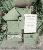 WEDDING INVITATIONS embossed invites  Bespoke Embossed Blind Sage green Gold Wedding Invitation, Golden greenery deboss Roses Floral Wedding Invitation, Boho Ecru Garden Debossed Invitation suite,  Cotton paper wedding invitation suite, Deckled Edge Invites, Torn Edge Wedding Invitations golden14