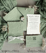 WEDDING INVITATIONS embossed invites  Bespoke Embossed Blind Sage green Gold Wedding Invitation, Golden greenery deboss Roses Floral Wedding Invitation, Boho Ecru Garden Debossed Invitation suite,  Cotton paper wedding invitation suite, Deckled Edge Invites, Torn Edge Wedding Invitations golden14