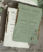 WEDDING INVITATIONS embossed invites  Bespoke Embossed Blind Sage green Gold Wedding Invitation, Golden greenery deboss Roses Floral Wedding Invitation, Boho Ecru Garden Debossed Invitation suite,  Cotton paper wedding invitation suite, Deckled Edge Invites, Torn Edge Wedding Invitations golden14