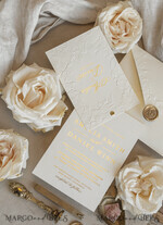 WEDDING INVITATIONS embossed invites  Fine Art Embossed Blind Ivory Gold Wedding Invitation with torn chiffon bow and dried flowers, Golden deboss Floral Wedding Invitation, Boho Ecru Debossed Invitation suite with mirror heart17