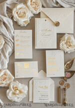 WEDDING INVITATIONS embossed invites  Fine Art Embossed Blind Ivory Gold Wedding Invitation with torn chiffon bow and dried flowers, Golden deboss Floral Wedding Invitation, Boho Ecru Debossed Invitation suite with mirror heart17