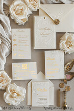 WEDDING INVITATIONS embossed invites  Fine Art Embossed Blind Ivory Gold Wedding Invitation with torn chiffon bow and dried flowers, Golden deboss Floral Wedding Invitation, Boho Ecru Debossed Invitation suite with mirror heart17
