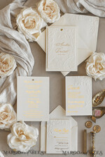 WEDDING INVITATIONS embossed invites  Fine Art Embossed Blind Ivory Gold Wedding Invitation with torn chiffon bow and dried flowers, Golden deboss Floral Wedding Invitation, Boho Ecru Debossed Invitation suite with mirror heart17