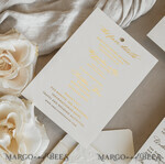 WEDDING INVITATIONS embossed invites  Fine Art Embossed Blind Ivory Gold Wedding Invitation with torn chiffon bow and dried flowers, Golden deboss Floral Wedding Invitation, Boho Ecru Debossed Invitation suite with mirror heart17