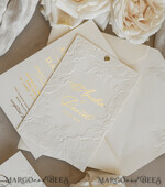 WEDDING INVITATIONS embossed invites  Fine Art Embossed Blind Ivory Gold Wedding Invitation with torn chiffon bow and dried flowers, Golden deboss Floral Wedding Invitation, Boho Ecru Debossed Invitation suite with mirror heart17