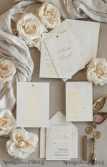 WEDDING INVITATIONS embossed invites  Fine Art Embossed Blind Ivory Gold Wedding Invitation with torn chiffon bow and dried flowers, Golden deboss Floral Wedding Invitation, Boho Ecru Debossed Invitation suite with mirror heart17