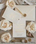 WEDDING INVITATIONS embossed invites  Fine Art Embossed Blind Ivory Gold Wedding Invitation with torn chiffon bow and dried flowers, Golden deboss Floral Wedding Invitation, Boho Ecru Debossed Invitation suite with mirror heart17