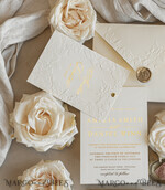 WEDDING INVITATIONS embossed invites  Fine Art Embossed Blind Ivory Gold Wedding Invitation with torn chiffon bow and dried flowers, Golden deboss Floral Wedding Invitation, Boho Ecru Debossed Invitation suite with mirror heart17