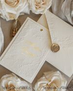 WEDDING INVITATIONS embossed invites  Fine Art Embossed Blind Ivory Gold Wedding Invitation with torn chiffon bow and dried flowers, Golden deboss Floral Wedding Invitation, Boho Ecru Debossed Invitation suite with mirror heart17