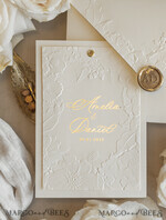 WEDDING INVITATIONS embossed invites  Fine Art Embossed Blind Ivory Gold Wedding Invitation with torn chiffon bow and dried flowers, Golden deboss Floral Wedding Invitation, Boho Ecru Debossed Invitation suite with mirror heart17