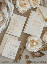WEDDING INVITATIONS embossed invites  Fine Art Embossed Blind Ivory Gold Wedding Invitation with torn chiffon bow and dried flowers, Golden deboss Floral Wedding Invitation, Boho Ecru Debossed Invitation suite with mirror heart17