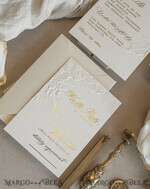 WEDDING INVITATIONS embossed invites  Fine Art Embossed Blind Ivory Gold Wedding Invitation with torn chiffon bow and dried flowers, Golden deboss Floral Wedding Invitation, Boho Ecru Debossed Invitation suite with mirror heart17