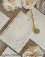 WEDDING INVITATIONS embossed invites  Fine Art Embossed Blind Ivory Gold Wedding Invitation with torn chiffon bow and dried flowers, Golden deboss Floral Wedding Invitation, Boho Ecru Debossed Invitation suite with mirror heart17