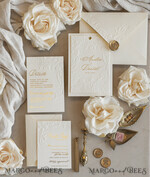 WEDDING INVITATIONS embossed invites  Fine Art Embossed Blind Ivory Gold Wedding Invitation with torn chiffon bow and dried flowers, Golden deboss Floral Wedding Invitation, Boho Ecru Debossed Invitation suite with mirror heart17