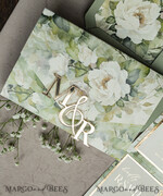 WEDDING INVITATIONS 3 fold wedding invitations  3 fold Luxury sage green Mirror gold Wedding Invitations, Elegant garden Wedding Cards, Glamour Acrylic Monogram Wedding Invites, Mirror Plexi floral Wedding Invitation Suite20