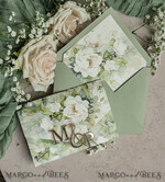 WEDDING INVITATIONS 3 fold wedding invitations  3 fold Luxury sage green Mirror gold Wedding Invitations, Elegant garden Wedding Cards, Glamour Acrylic Monogram Wedding Invites, Mirror Plexi floral Wedding Invitation Suite20