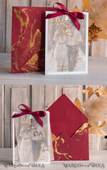 SAVE THE DATES photo vellum plexi  Maroon Gold Marble Save the Date Cards with Photo, Burgundy Vellum Save Our Dates with Photo Gold Foil Calendar Cards 15