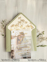 SAVE THE DATES photo vellum plexi  sage green Gold Baby Breath Save the Date Cards with Photo, Vellum Save Our Dates with Photo Gold Foil Calendar Cards 16