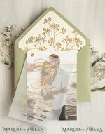SAVE THE DATES photo vellum plexi  sage green Gold Baby Breath Save the Date Cards with Photo, Vellum Save Our Dates with Photo Gold Foil Calendar Cards 16