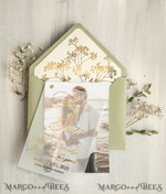 SAVE THE DATES photo vellum plexi  sage green Gold Baby Breath Save the Date Cards with Photo, Vellum Save Our Dates with Photo Gold Foil Calendar Cards 16