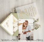 SAVE THE DATES photo vellum plexi  sage green Gold Baby Breath Save the Date Cards with Photo, Vellum Save Our Dates with Photo Gold Foil Calendar Cards 16