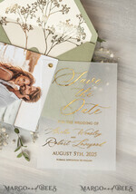 SAVE THE DATES photo vellum plexi  sage green Gold Baby Breath Save the Date Cards with Photo, Vellum Save Our Dates with Photo Gold Foil Calendar Cards 16