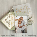 SAVE THE DATES photo vellum plexi  sage green Gold Baby Breath Save the Date Cards with Photo, Vellum Save Our Dates with Photo Gold Foil Calendar Cards 16