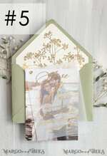 SAVE THE DATES photo vellum plexi  sage green Gold Baby Breath Save the Date Cards with Photo, Vellum Save Our Dates with Photo Gold Foil Calendar Cards 16