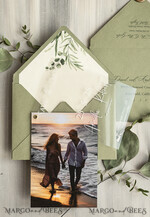 SAVE THE DATES photo vellum plexi  Sage green Velvet Save the Date Cards with Photo, Greenery Plexi Clear Save Our Dates with Photo 7