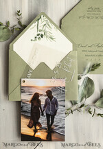SAVE THE DATES photo vellum plexi  Sage green Velvet Save the Date Cards with Photo, Greenery Plexi Clear Save Our Dates with Photo 7
