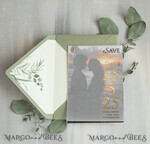 SAVE THE DATES photo vellum plexi  sage green Gold eucalyptus Save the Date Cards with Photo, Vellum Save Our Dates with Photo Gold Foil Calendar Cards 9
