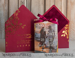 SAVE THE DATES photo vellum plexi  Maroon Burgundy Callendar Clear Gold Save the Date Cards with Photo, Plexi Save Our Dates with Photo 16