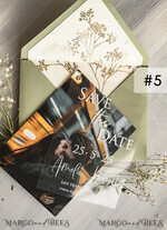 SAVE THE DATES photo vellum plexi  Sage Green Baby Breath  Save the Date Cards with Photo, Greenery Plexi Clear Save Our Dates with Photo 7