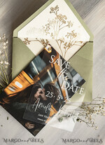 SAVE THE DATES photo vellum plexi  Sage Green Baby Breath  Save the Date Cards with Photo, Greenery Plexi Clear Save Our Dates with Photo 7