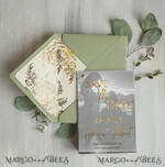 SAVE THE DATES photo vellum plexi  sage green Gold Peonies Save the Date Cards with Photo, Vellum Save Our Dates with Photo Gold Foil Calendar Cards 7