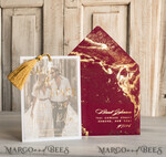 SAVE THE DATES photo vellum plexi  Maroon Tassel Gold Marble Save the Date Cards with Photo, Burgundy Vellum Save Our Dates with Photo Gold Foil Calendar Cards 10