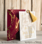 SAVE THE DATES photo vellum plexi  Maroon Tassel Gold Marble Save the Date Cards with Photo, Burgundy Vellum Save Our Dates with Photo Gold Foil Calendar Cards 10
