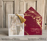 SAVE THE DATES photo vellum plexi  Maroon Tassel Gold Marble Save the Date Cards with Photo, Burgundy Vellum Save Our Dates with Photo Gold Foil Calendar Cards 10